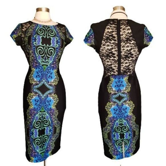 Women's Black Midi Dress Lace Back Sheath Blue Paisley Print Elegant Medium NWOT - Picture 1 of 8